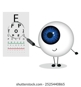Olho bonito com óculos segurando lupa e placa de teste de cuidado ocular 