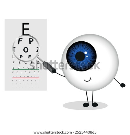 Cute eye with glasses holding magnifying glass and Eye care test board 