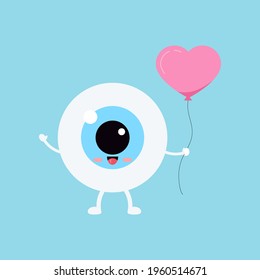 Cute eye with heart balloon vector ophthalmology love icon. Flat design cartoon smiling eyeball character in love for valentines day design illustration. Happy boy hold heart shape balloon in hand.