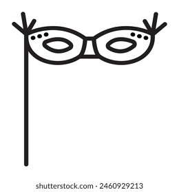 Cute eye masquerade mask with a stick, vector black line icon