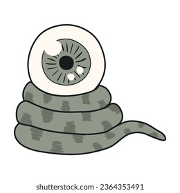 Cute eye monster with snake tail Halloween cartoon character illustration. Hand drawn kawaii style line art design, isolated vector. Kids seasonal print element, trick or treat, autumn holiday party