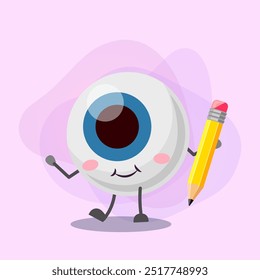 Cute eyeball cartoon character with pencil vector illustration. Human organ of vision, healthcare, eyesight, education concept for banner or web design