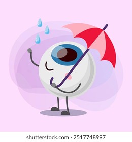 Cute eyeball cartoon character with umbrella in rain vector illustration. Human organ of vision, healthcare, eyesight, weather, forecast concept for banner or web design