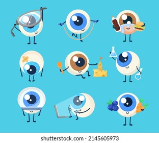 Juego de ilustraciones de dibujos animados de personajes de ojo lindo. Ojo triste y enfermo o órgano humano sosteniendo zanahoria, arándano y comida rápida, mirando la pantalla del ordenador portátil, usando anteojos, haciendo ejercicio. Concepto de Eyesight