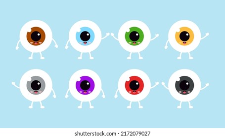 Emoticono de ojo mate diferente nivel de melanina conjunto aislado en fondo blanco. Diseño plano kawaii ilustración estilo caricatura dulce color de los niños del globo ocular feliz personaje emoji.