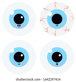 Cute Eyeball Emoticon Vector Set Isolated On White Background. Flat Design Kawaii Cartoon Style Illustration Sweet Eyeball Kids Character: Happy, Smilling, Enthusiastic, Surprised, Sad Bloodshot Emoji