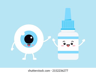 Cute eyeball with eye drop liquid bottle character isolated on background. Happy kawaii medicine mascot set. Flat design cartoon style vector illustration.