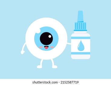 Cute eyeball with eye drop liquid bottle isolated on background. Happy eye kawaii character. Flat design cartoon style vector illustration.