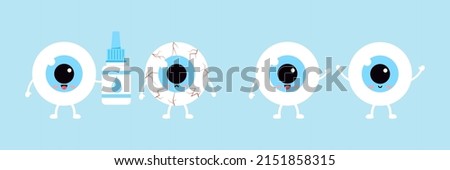 Cute eyeball gives eye drop liquid bottle to ill dry character isolated on background. Health and with red capillary eye balls kawaii medicine mascot set. Flat design cartoon style vector illustration