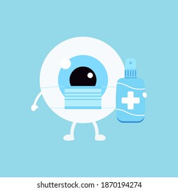 Cute eyeball with medical mask and antiseptic isolated on background. Flat design cartoon style personal hygiene and coronavirus  or infection prevention and protection character vector illustration. 