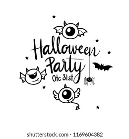 Cute eyeball monster cartoon and Happy halloween calligraphy. Night party invitation card.