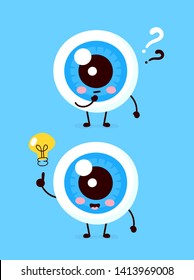 Cute eyeball with question mark and lightbulb character. Vector flat cartoon character illustration icon design. Isolated on white background. Eye have idea concept