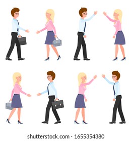 Cute Brillen Typ und Lady Hände zitternd, geben hohe fünf, klatschende Vektorillustration Illustration. Nebenschauspielerin und -frau bei Treffen, Verhandlungen, erfolgreicher Cartoon-Zeichensatz für Teamarbeit