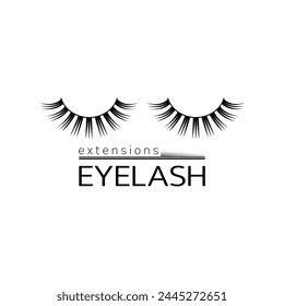 Cute eyelashes logo vector illustration. Decorative lash logotype template with cosmetic brush for makeup procedure promo, laminating, staining, curling. Beauty tools isolated on a white backdrop