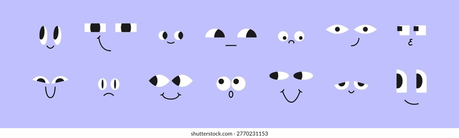 Cute eyes and mouths set with different emotions for kids characters, stickers and mascot design