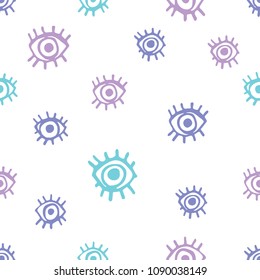 Cute eyes seamless pattern. Hand drawn doodle eyes with lashes on white background. Funky kitsch pattern for your design.