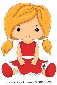 Cute fabric doll in red dress isolated on white