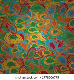 Cute fabric pattern. Design. Vector illustration. Elements yellow, green and orange on colors. Seamless Print. Flat doodles.