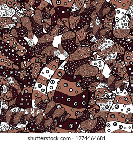 Cute fabric pattern. Elements black, brown and white on colors. Flat doodles. Seamless Print. Vector illustration. Design.