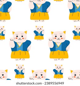 cute fabric pattern with maneki cat in kimono 