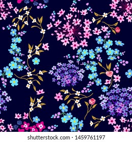 Cute fabric pattern with miniature flowers. Botanical seamless print with different floral elements. Vintage textile collection. On black background.