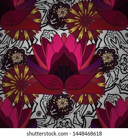 Cute fabric pattern. Vector illustration. Zentangle abstract flowers. Flat Flower Elements Design. Doodle flower. Colour Spring Theme seamless pattern Background.