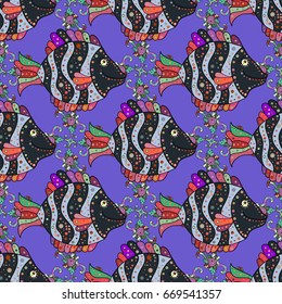 Cute fabric texture on colored background. Luxury drawn pattern with fishes. Seamless marine background.