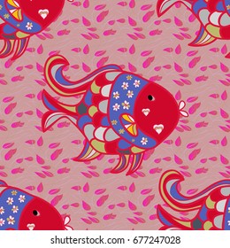 Cute fabric texture on colored background. Interesting drawn pattern with fishes. Seamless marine background.