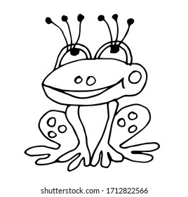 Cute fabulous frog with outlined for coloring book isolated on a white background. Vector illustration of hand drawn black and white frogs.	