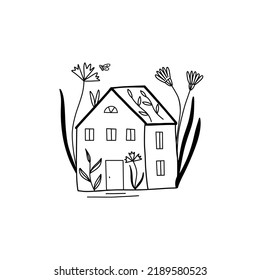 Cute fabulous little house in flowers. Black and white vector hand drawn doodle illustration.