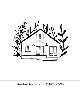 Cute fabulous little house in flowers. Black and white vector hand drawn doodle illustration.