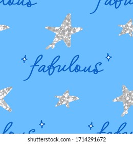 cute fabulous seamless pattern with lettering elements and sparkling stars on blue background, editable vector illustration for kids apparel, decoration, fabric, textile, paper