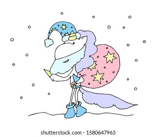 Cute fabulous unicorn isolated on a white background. Unicorns playing saxophone. Unicorns he is walking dressed in a suit of Santa Claus with a bag of gifts under a snowfall. New Year spirit.