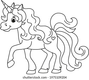 Cute fabulous unicorn with lush mane outlined for coloring book isolated on a white background. Developing task with coloring ponies for toddlers. Cartoon fun character.
