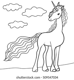 Cute fabulous unicorn with lush mane outlined for coloring book for kids Black and white vector illustration.