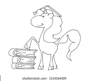 Cute fabulous unicorn with outlined for coloring book isolated on a white background. Unicorns is walking and humming a song.