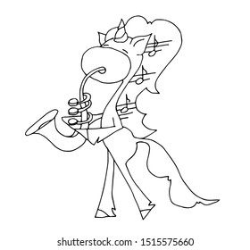 Cute fabulous unicorn with outlined for coloring book isolated on a white background. Unicorns playing saxophone.