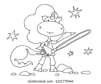 Cute fabulous unicorn and outlined for coloring book isolated white background  Unicorns star wars hero and sword in his hands 