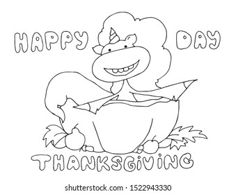 Cute fabulous unicorn with outlined for coloring book isolated on a white background. Unicorns peeks out of a pumpkin. Thanksgiving day.