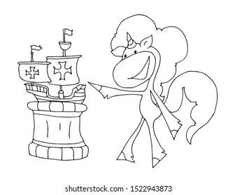 Cute fabulous unicorn with outlined for coloring book isolated on a white background. Unicorns walks in the museum, pointing to the ship. Columbus day.