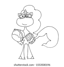 Cute fabulous unicorn with outlined for coloring book isolated on a white background. Unicorns geography teacher with a globe and a book in his hands.	