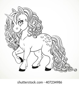 Cute fabulous unicorn with outlined for coloring book isolated on a white background