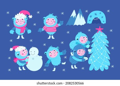 Cute fabulous Yeti are getting ready for Christmas. They dress up a fir tree, make a snowman. Set on a blue background.