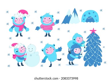 Cute fabulous Yeti are getting ready for Christmas. They dress up a fir tree, make a snowman. Set on a white background.