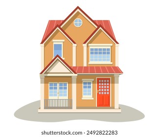 Cute facade of house with front view. Cool detailed two floors house with windows and entrance view, shadow on house. Flat vector illustration for social media, cards, banners, posters, wall decor