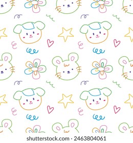 Cute face animal hand drawn doodle seamless pattern background for wallpaper and wrapping. Rabbit, bear, rat, dog and cat. Outline art