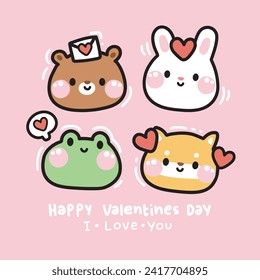 Cute face animal with heart and valentines day text on pink background.Teddy bear,rabbit,frog,shiba inu dog hand drawn.Heart.Love.Kawaii.Vector.Illustration.