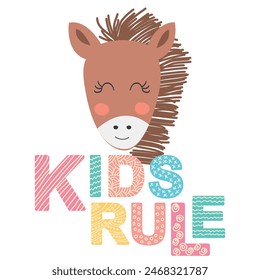Cute face of an animal with lettering. Scandinavian style and pastel palette. baby posters, cards, clothes, childrens rooms