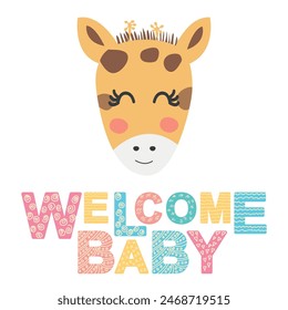 Cute face of an animal with lettering. Scandinavian style and pastel palette. baby posters, cards, clothes, childrens rooms