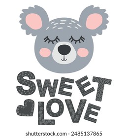 Cute face of an animal with lettering. Scandinavian style and pastel palette. baby posters, cards, clothes, childrens rooms